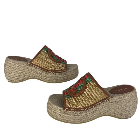 Gucci Adela Leather Trimmed Raffia Wedge Espadrilles - Picture 4 of 16